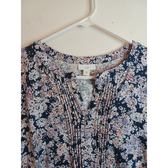 J. Jill V Neck Popover Knit Tunic Top S Navy Blue Pink Floral Longsleeve Casual - Picture 4 of 8